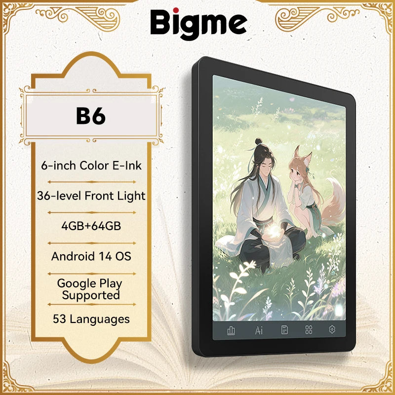 Bigme B6 Ebook Reader, 6'' Color E-Ink Electronic Book, 36-Level Front Light, 4GB+64GB, Android 14 OS, Paper-Like E-Reader Eye-Protecting