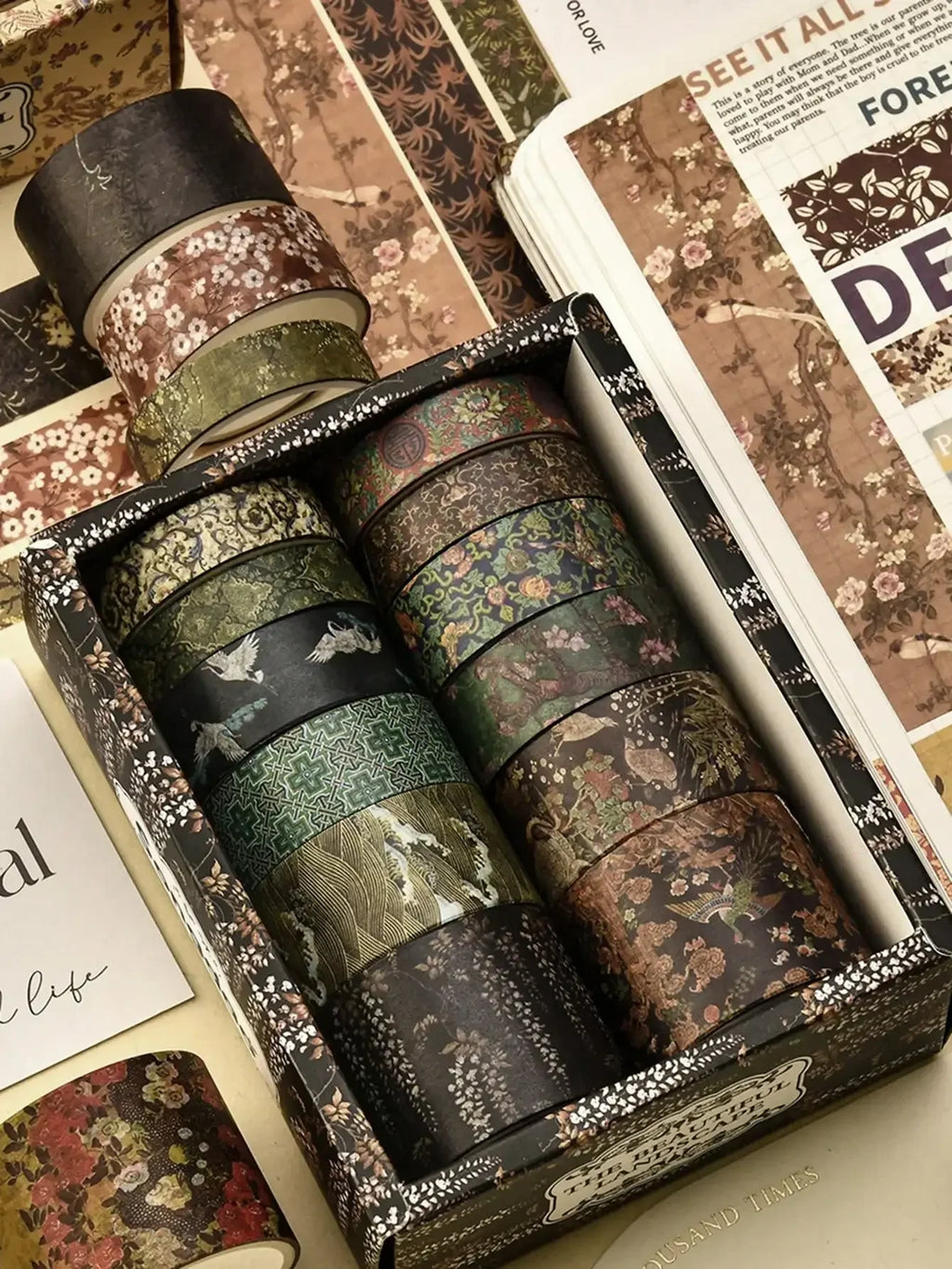 12 Rolls/Box, Retro Landscape Washi Tape, Creative Floral Mountain Crane Print Design Sticker Rolls, Scrapbook And Gift Wrapping Decoration DIY Masking Tape