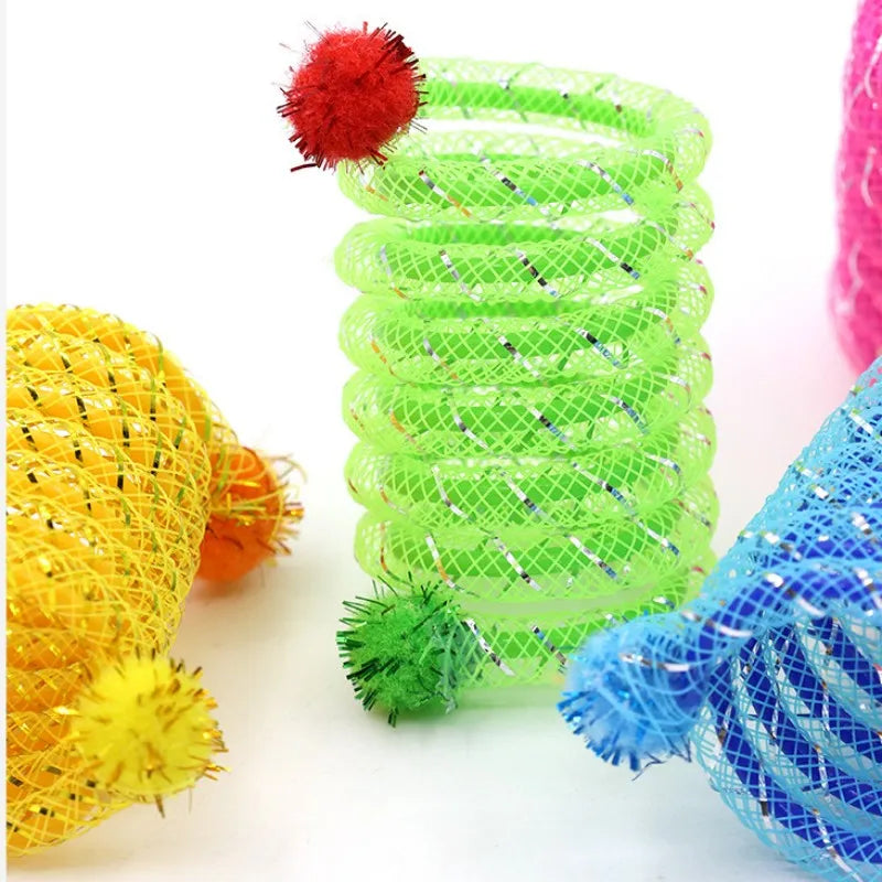 Flexible Spring Mesh Cat Toy with Pom Pom Balls, Colorful Bendable Coil Tube Interactive Kitten Play Toy