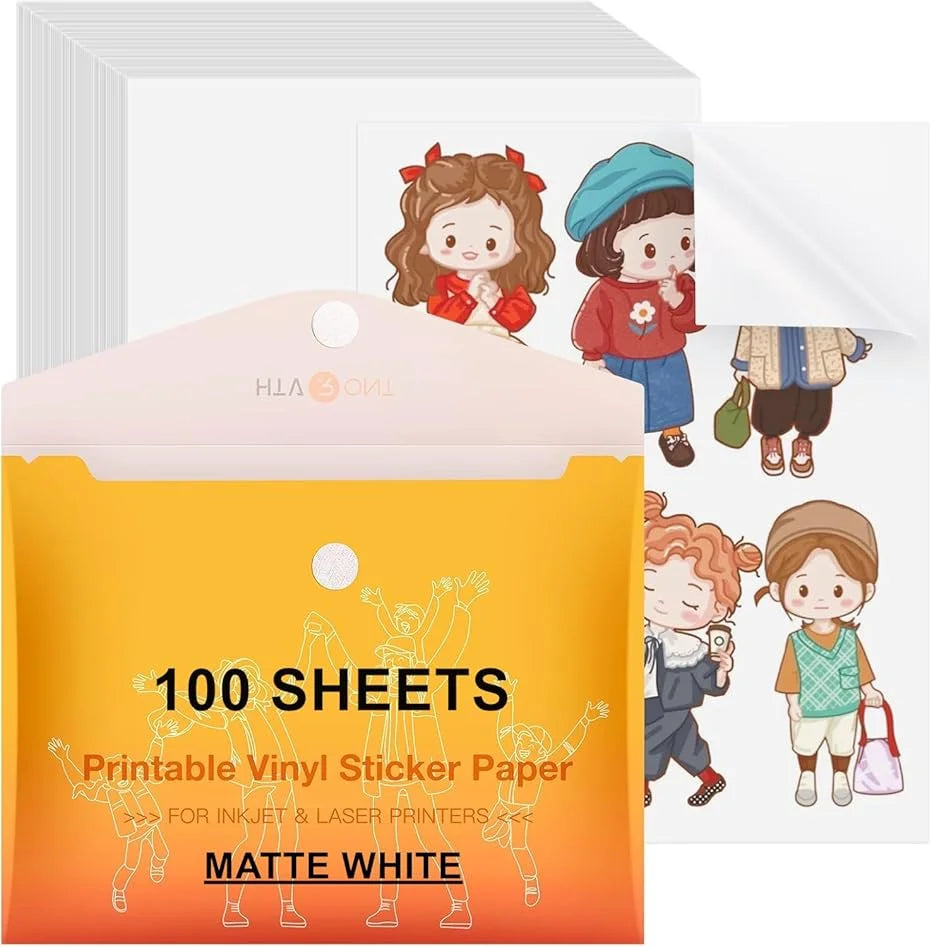 HTVRONT Premium Printable Vinyl Sticker Paper for Inkjet Printer -100 Sheets 100g Matte White Waterproof, Dries Quickly-Standard