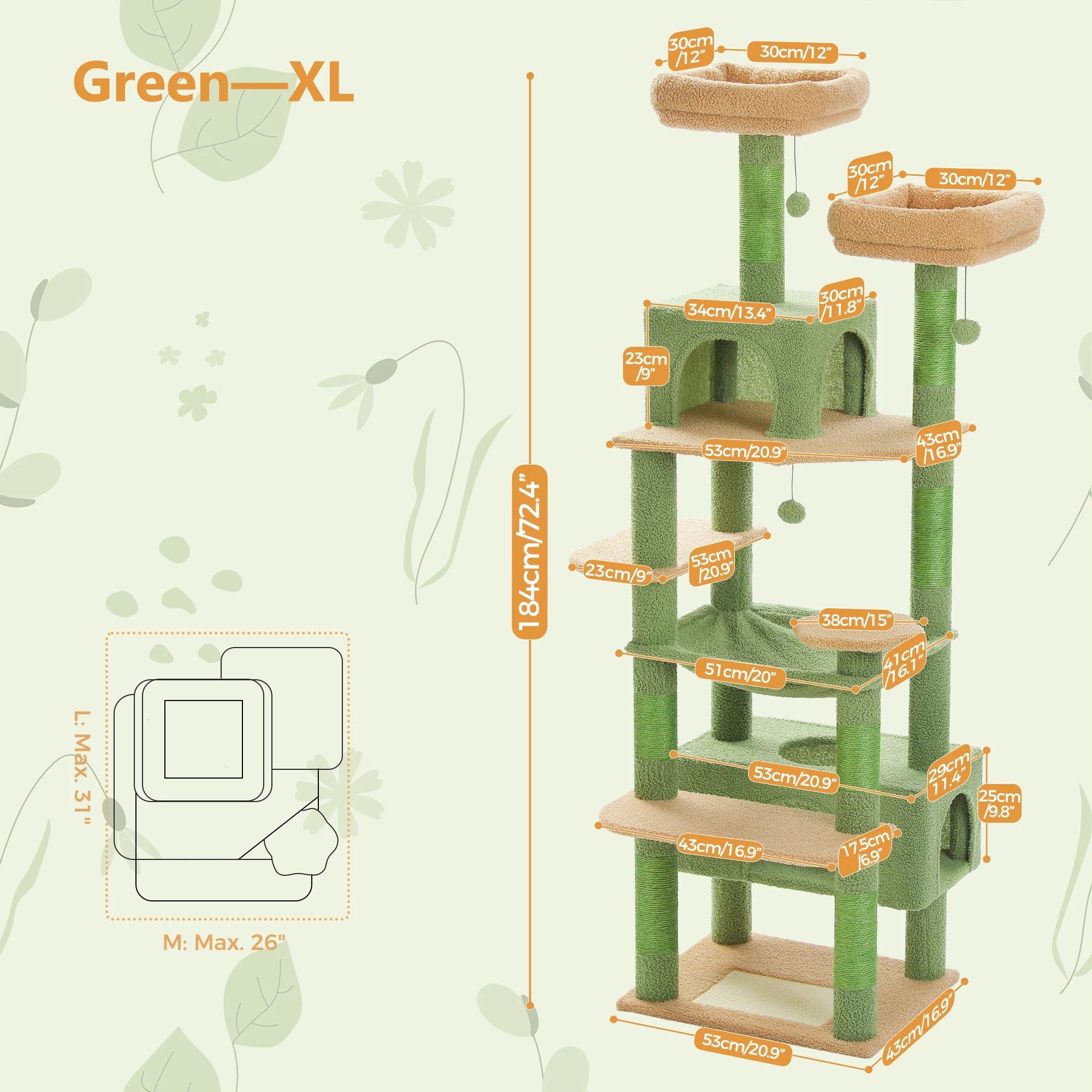 Sturdy Multi-Level Cat Tree Tower with Natural Sisal Scratching Posts,Cozy Hammock&Condo, Large Top Perch, and Fun Dangling Ball