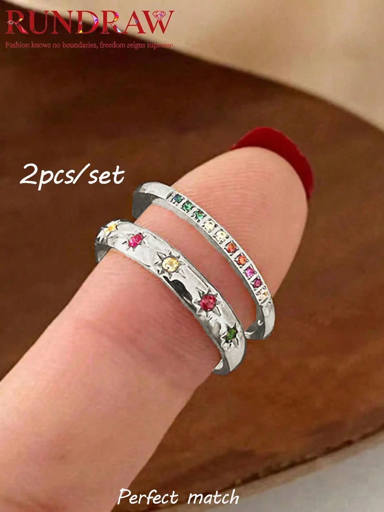2pcs/Set Colorful Cubic Zirconia Gold-Tone Waterproof Star Rings Set, Jewelry Gift  double rings for friend  jewelry Y2k fashion