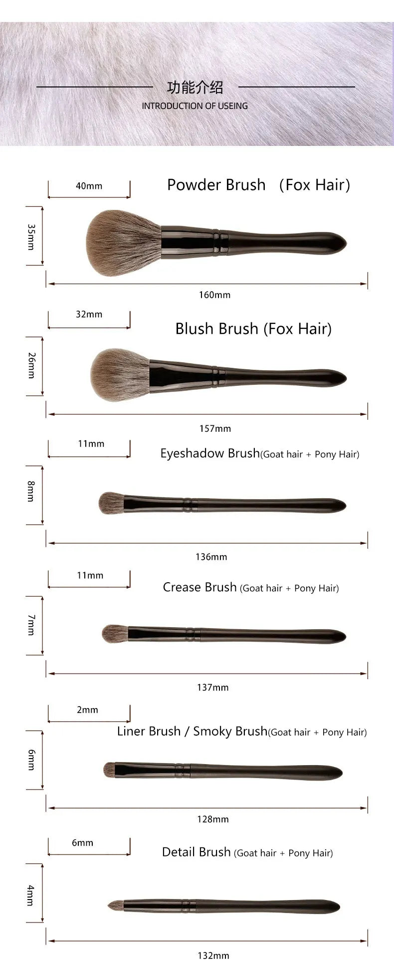 6pcs/set Fox hair Makeup brushes Set Powder Blusher Crease Eyeshadow Detail Liner Shadow Make up brushes Travle siz Ebony Handle
