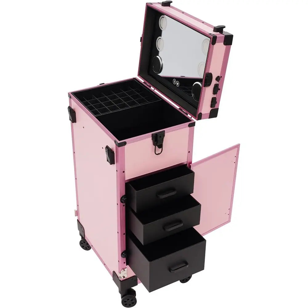 Portable Rolling Makeup Case with 3 Drawers, Adjustable Lighted Mirror, Travel Cosmetic Organizer, Manicure Desk & Nail Artist S