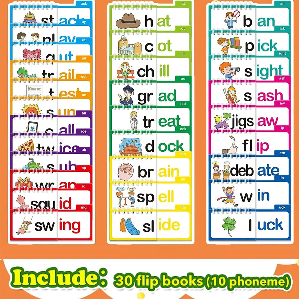 30 Read and Rhyme Flip Books Vocabulary Flash Cards Word Reading Flip Book Letter ABC Vocabulary Cards Educational Reading Game