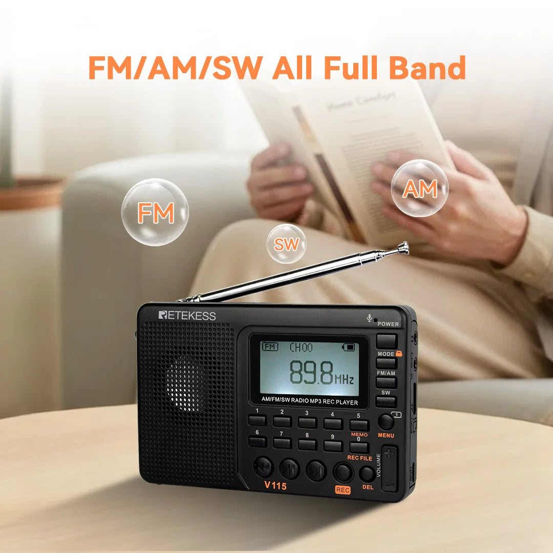 RETEKESS V115 Portable Radio Rechargeable AM FM SW Radio Multifunctional Radio Long Distance Receiver Clear Sound for Camp Gift