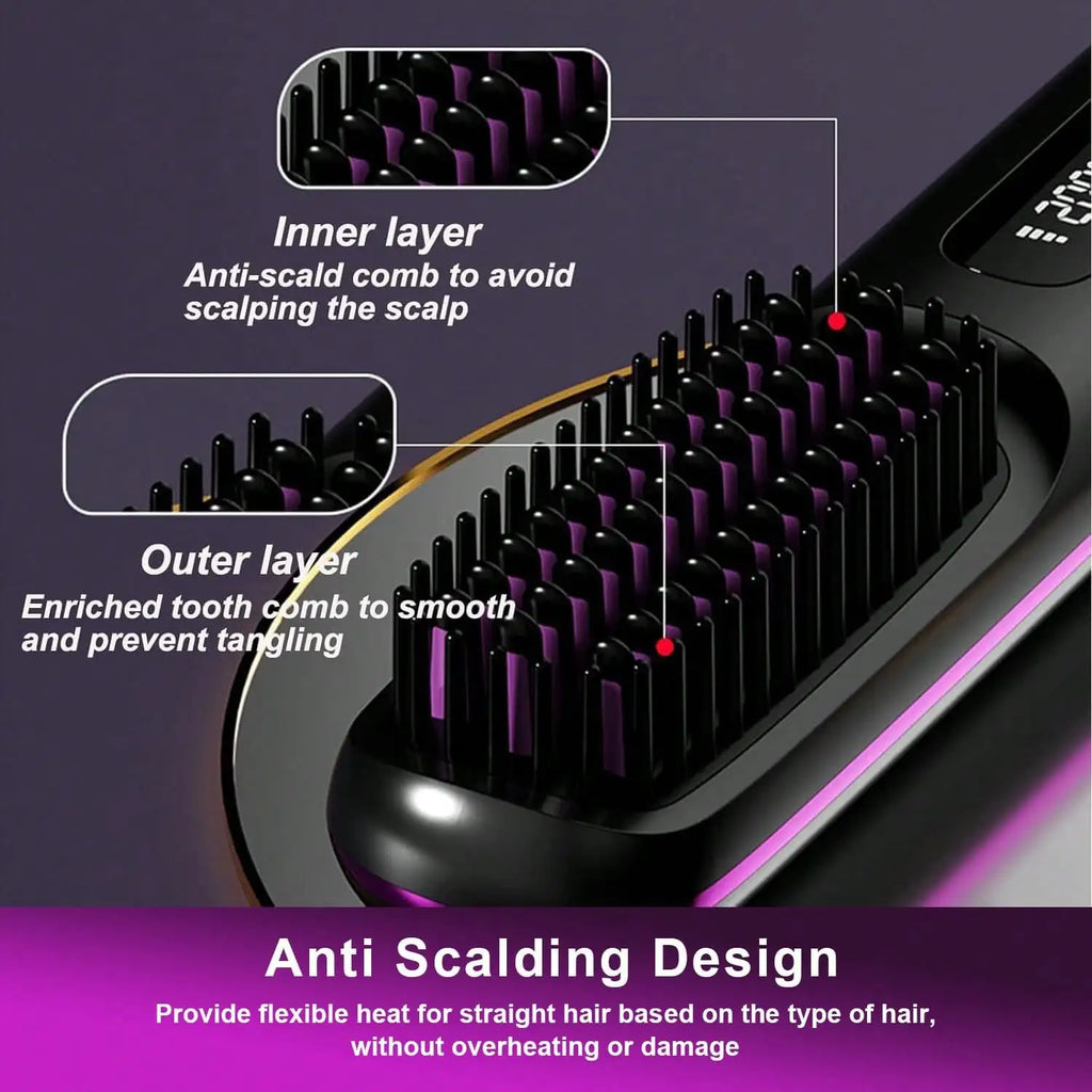 Women's Wireless Portable Hair Straightener, USB Rechargeable Negative Ion Hot Air Straightening Brush, Effectively Smooths Frizz, Makes Hair Shiny And Soft, Anti-Scald Design, 3 Temperature Settings, 30 Seconds Fast Heating,