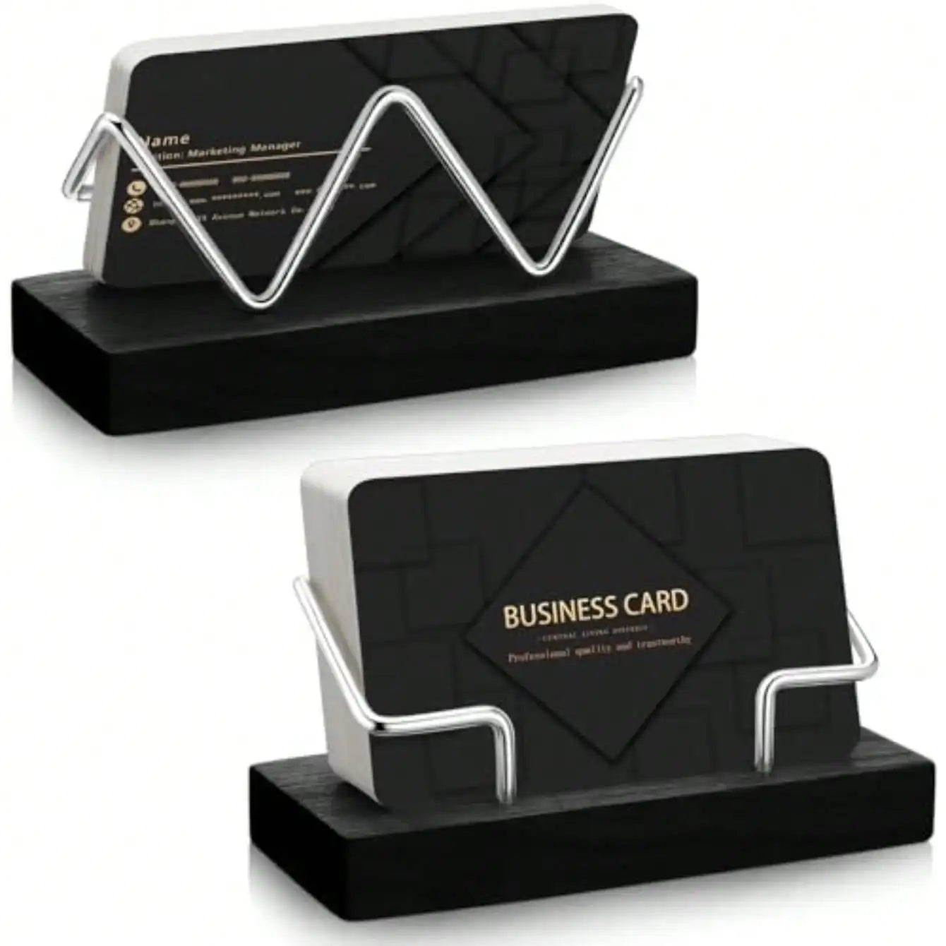2 Pieces Wood Business Card Holder For Desk Wooden Business Card Display Stand Postcard Holder For Office Home Desktop Black, Silver