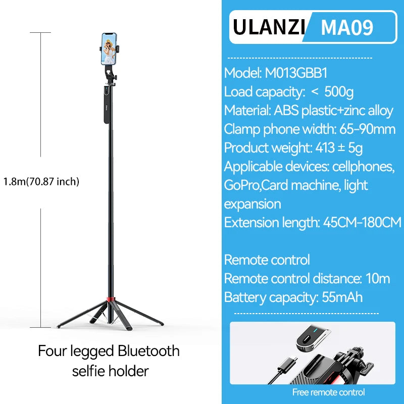 Ulanzi MA09 1.8m Selfie Stick Tripod for iPhone 16 15 Android Phone with Remote Control Panoramic Ball head Holder U200 VL49 Kit