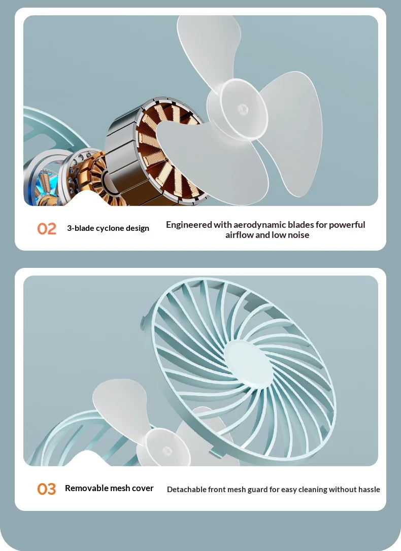HOMEFISH Portable Rechargeable Clip Fan 720° Rotatable Hanging Fan with Night Light Air Cooler for Outdoor Camping Ventilador