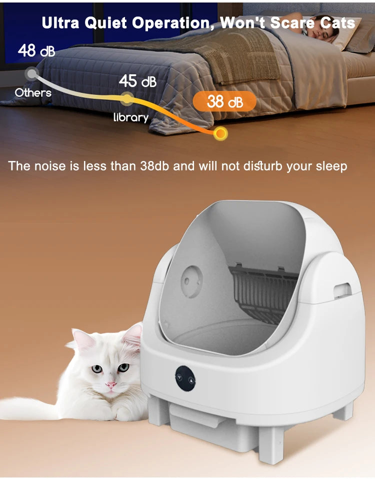 HEYBO PET Large Capacity Self Cleaning Cat Litter Box, Safety App Control, Odor Free Waste Bin, Auto Smart Open Cat Litter Box