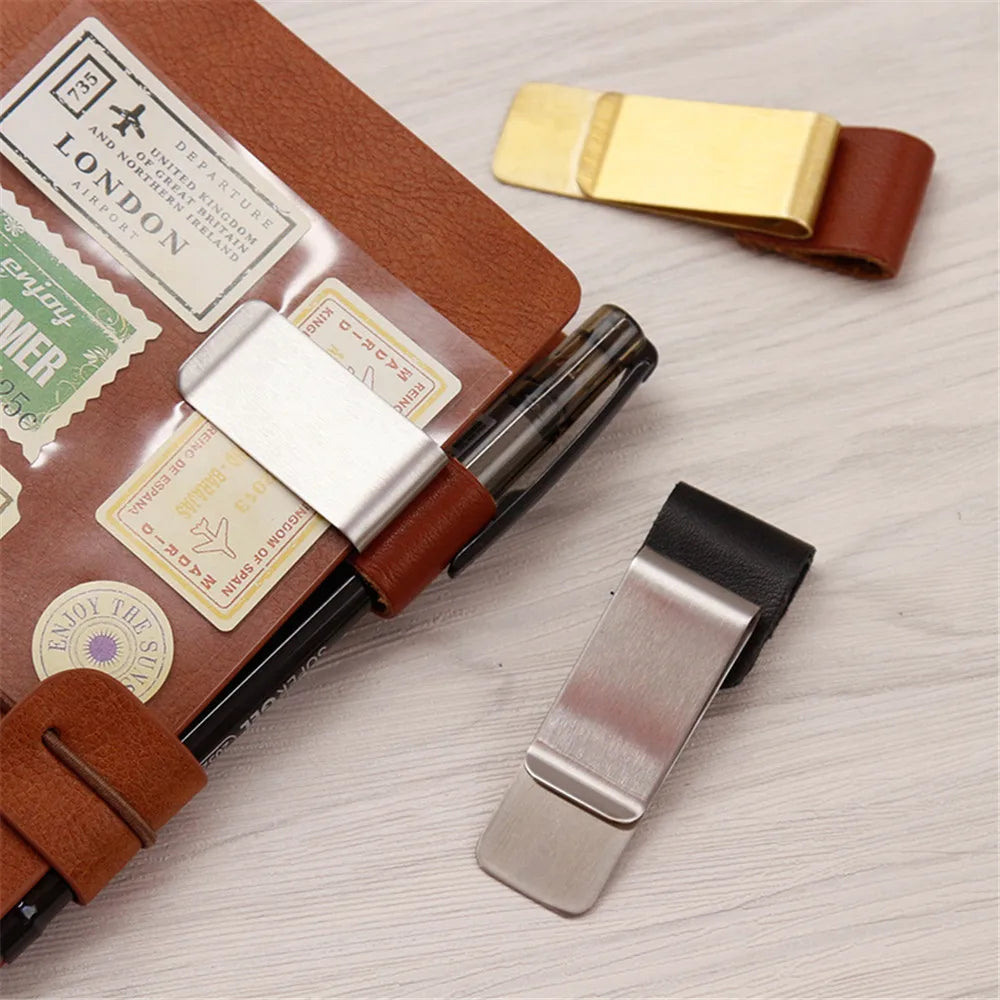1Pc Metal Leather Pen Holder Brass Stainless Steel Pencil Clip Vintage Dairy Notebook Metal Clip Clipboards Pen Holder Pen Clip
