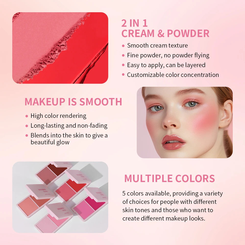 Cream & Powder Blush Matte 5Colors Dewy Rosy Blush Makeup Pan Long-lasting Wearing High Pigment Natural Matte Blush Cosmtics