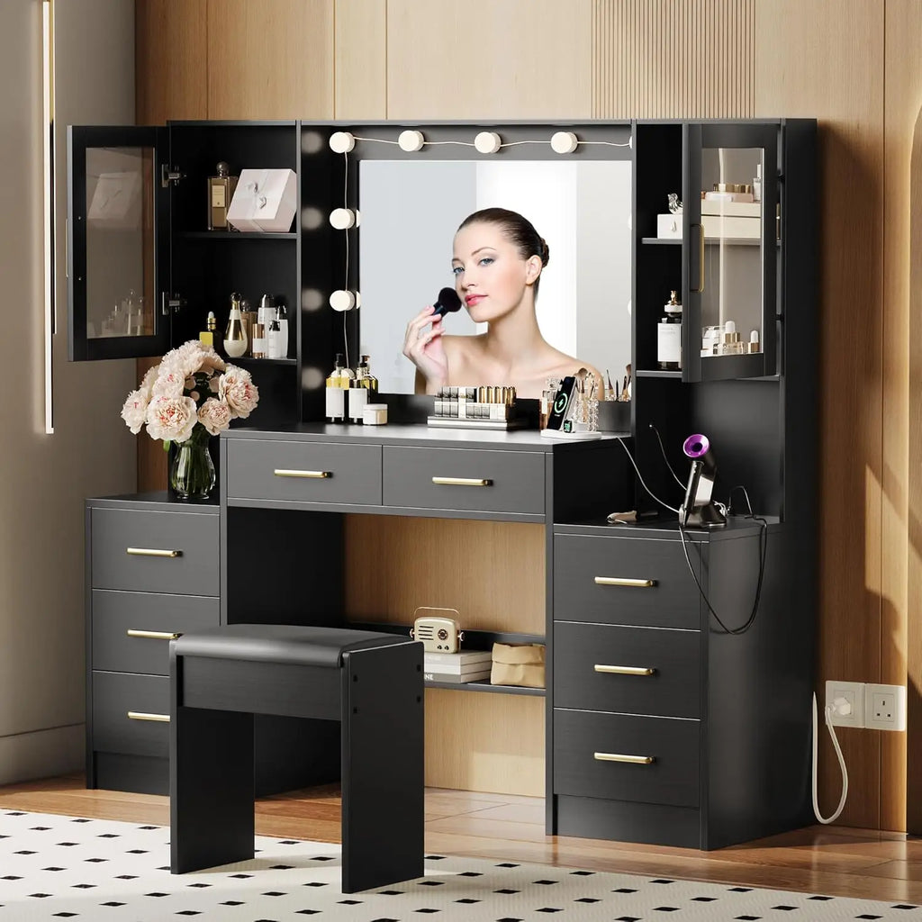 Black Vanity Desk with Mirror, Lights & Charging Station, 58.3" 3 Lighting Modes Makeup Desk with 8 Drawers, 2 Cabinets and Lots