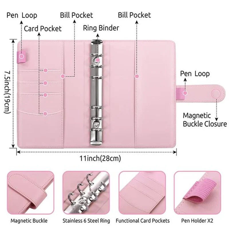 A6 PU Leather Budget Binder Notebook Cash Envelopes System Set With Binder Pockets for Money Budget Saving Bill Organizer
