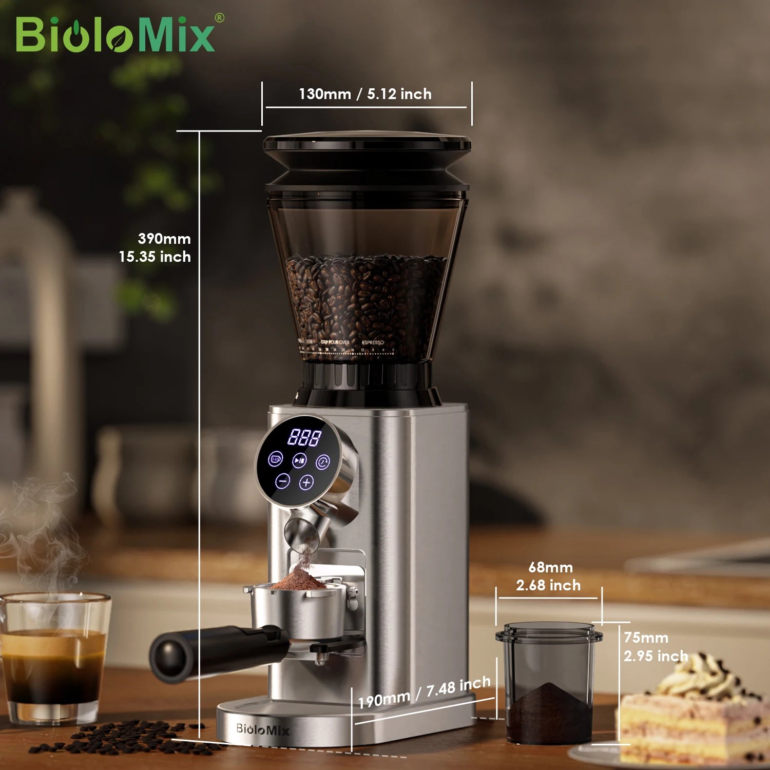 BioloMix Electric Conical Burr Coffee Grinder Adjustable 48 Settings Removable Holder for Espresso Coffee