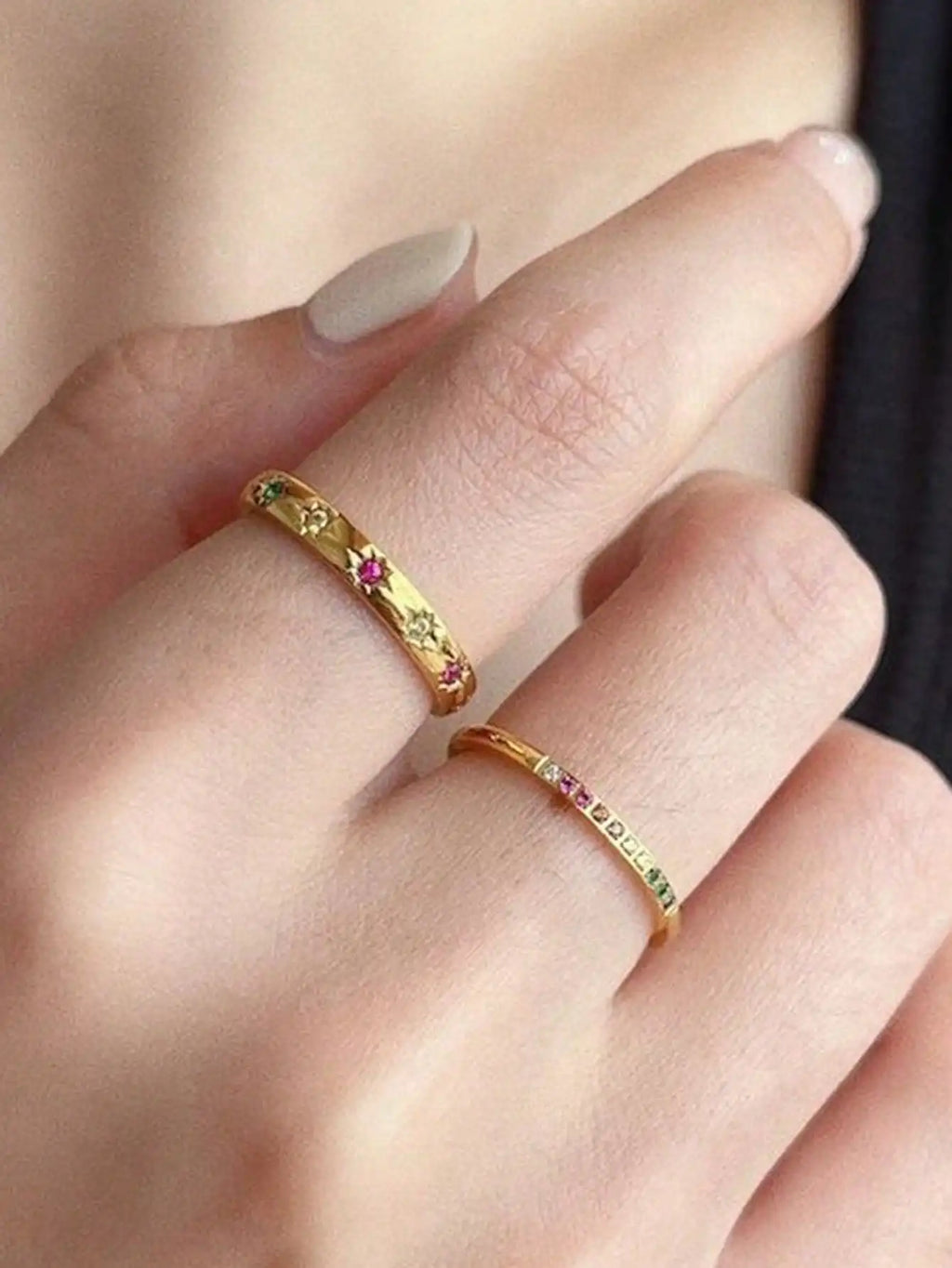 2pcs/Set Colorful Cubic Zirconia Gold-Tone Waterproof Star Rings Set, Jewelry Gift  double rings for friend  jewelry Y2k fashion