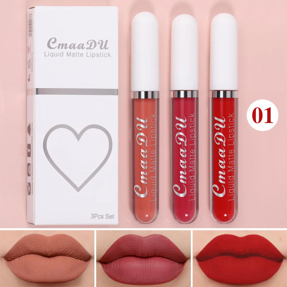 1/3pcs Matte Lipstick Set Liquid Waterproof Velvet Sexy Red Lip Gloss Kit Makeup Lasting Non-stick Cup Lip Tint Beauty Cosmetics
