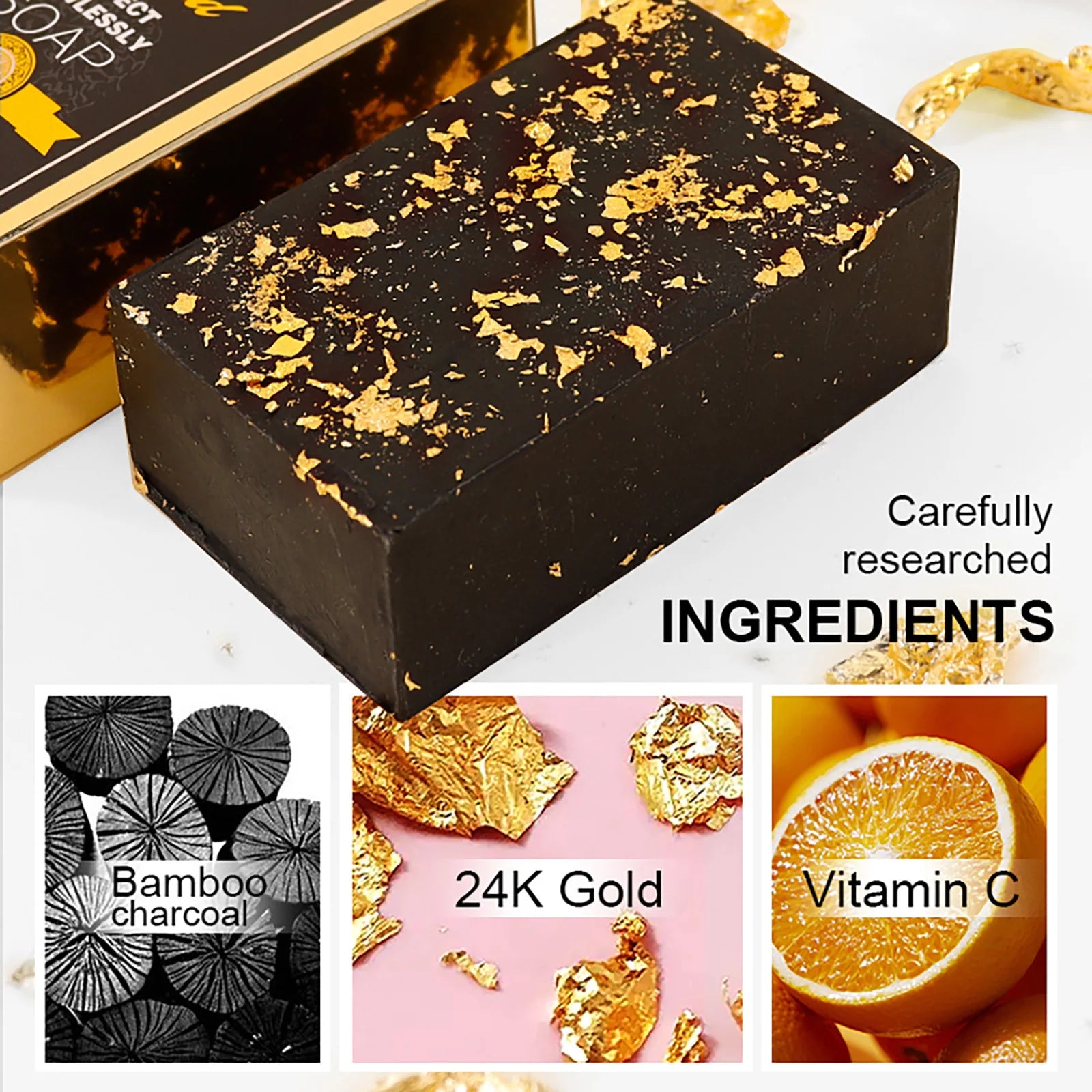 AILKE 24K Gold Foil Whitening Soap, Brightening, Even Skin Tone, Improve Skin Elasticity, Deeply Cleaning, Remove Spots, 200g