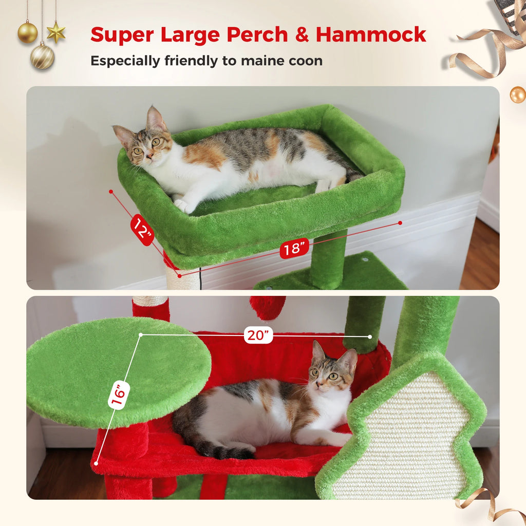 Christmas Cat Tree with Sisal Scratching Posts Spacious Condo Hammock Tall Large Cat Tower for Indoor Cat House Bed Cat Toys