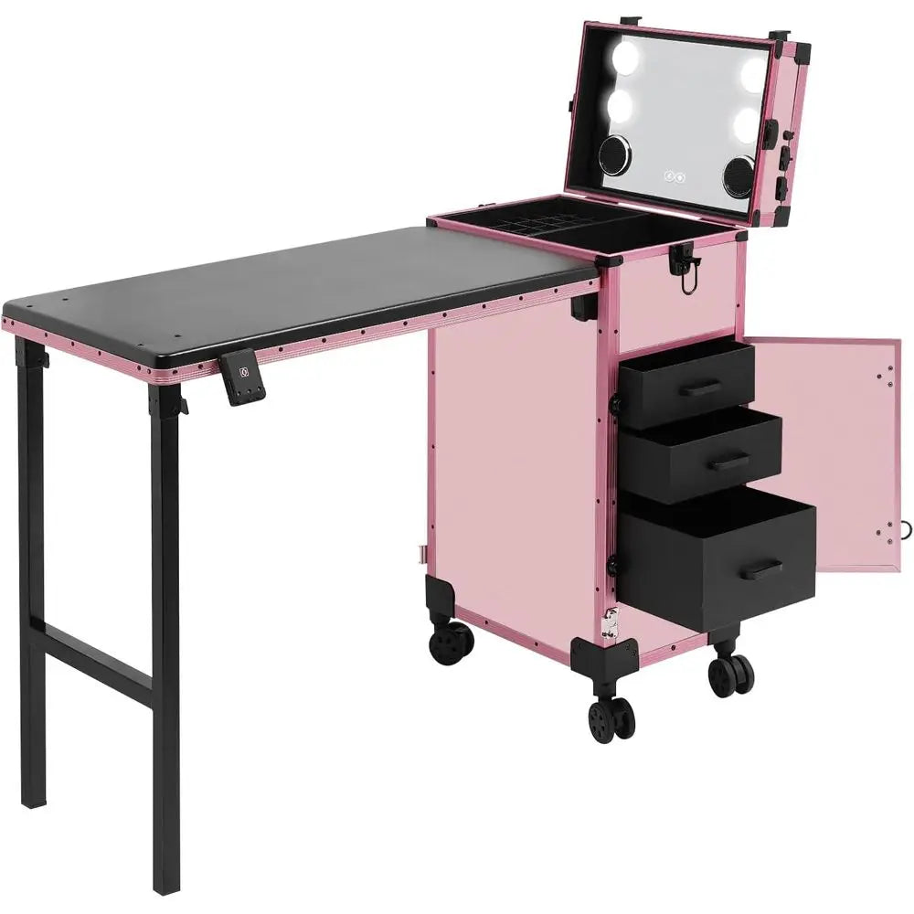 Portable Rolling Makeup Case with 3 Drawers, Adjustable Lighted Mirror, Travel Cosmetic Organizer, Manicure Desk & Nail Artist S