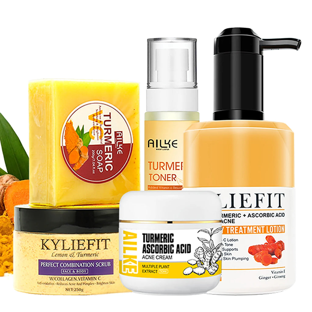 AILKE Organic Turmeric Skin Care Set, Brighten, Cleaning Skin, Remove Acne,Pimples, Whitening, Even Skin Tone, Improve Dry Skin