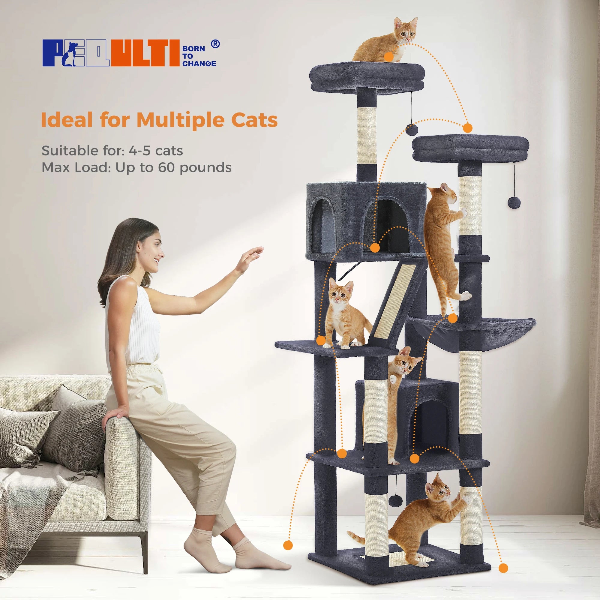 Sturdy Multi-Level Cat Tree Tower with Natural Sisal Scratching Posts,Cozy Hammock&Condo, Large Top Perch, and Fun Dangling Ball