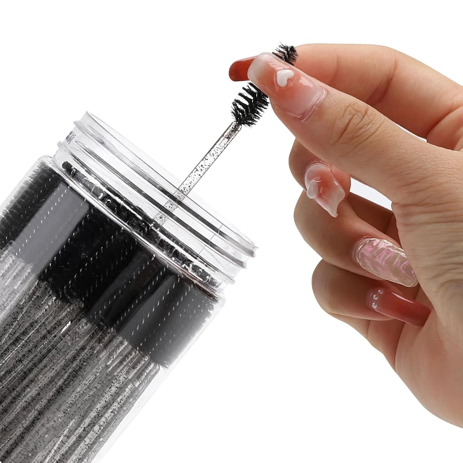 50 disposable eye black sticks, crystal eyebrow bobbin brush for extending eyelashes, mascara brush with container