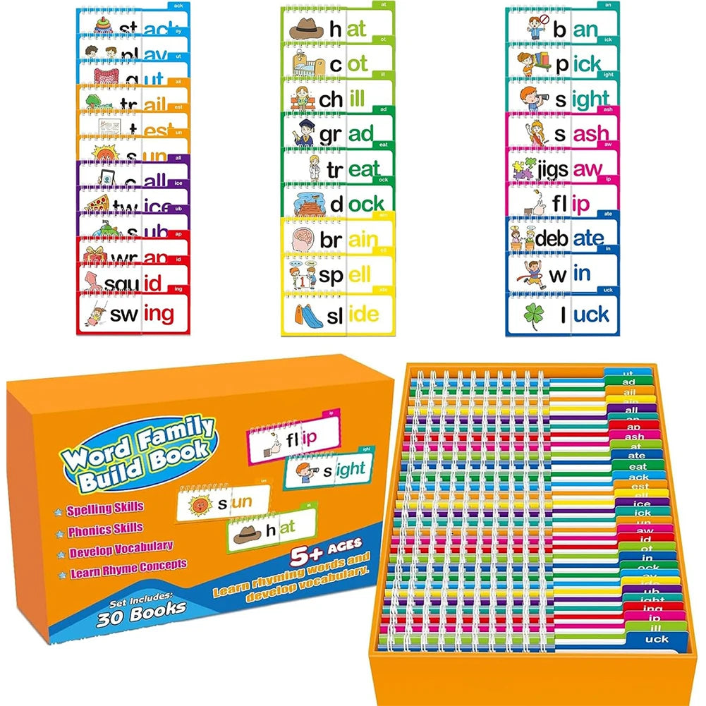 30 Read and Rhyme Flip Books Vocabulary Flash Cards Word Reading Flip Book Letter ABC Vocabulary Cards Educational Reading Game