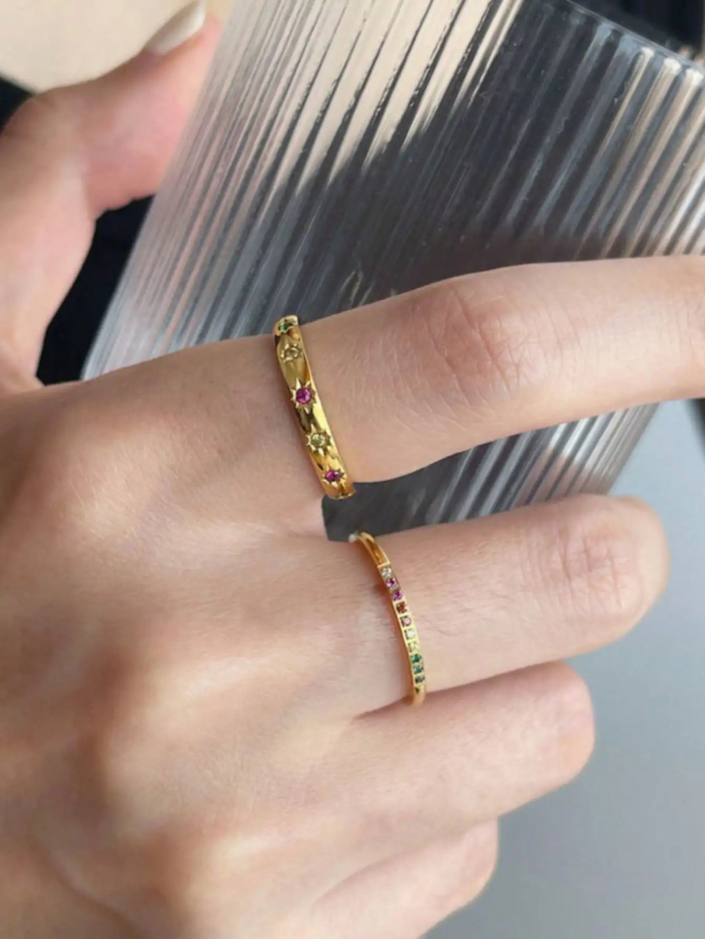 2pcs/Set Colorful Cubic Zirconia Gold-Tone Waterproof Star Rings Set, Jewelry Gift  double rings for friend  jewelry Y2k fashion