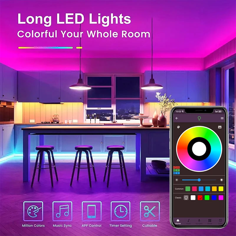 LED Strip Lights RGB 5050 LED Strips Bluetooth APP Control Color Changing DC 12V 30LEDS/M Per Meter For Bedroom Room Kitchen Bar