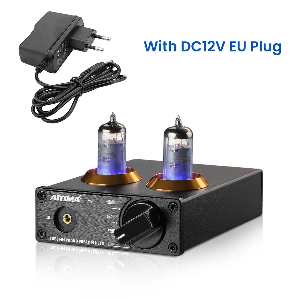 AIYIMA T3 HiFi Vacuum 6A2 Tube MM Phono Preamplifier Vinyl Record Player Stereo Tube Pre amp Amplifier Turntable Phonograph 12V