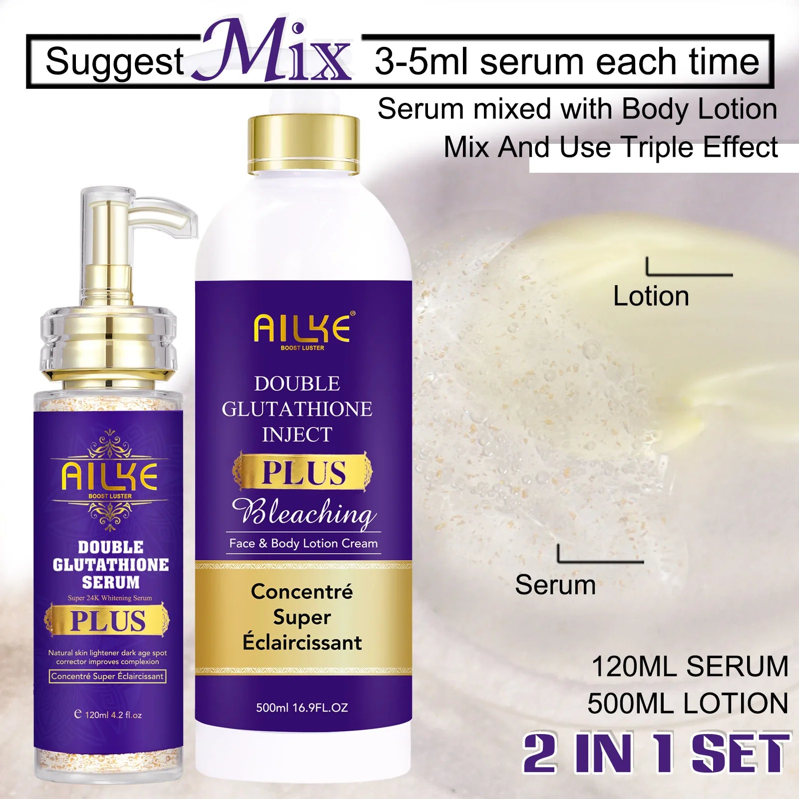 AILKE Double Glutathione Whitening Set For All Skin Types, Reduce Dark Spots, Melanin, Freckles, Chloasma, Even Skin Tone
