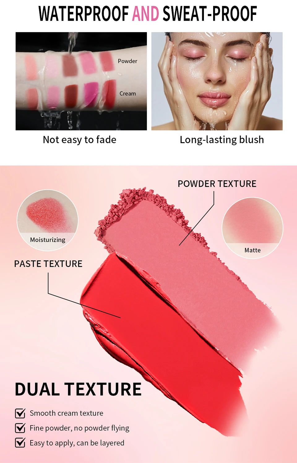 Cream & Powder Blush Matte 5Colors Dewy Rosy Blush Makeup Pan Long-lasting Wearing High Pigment Natural Matte Blush Cosmtics