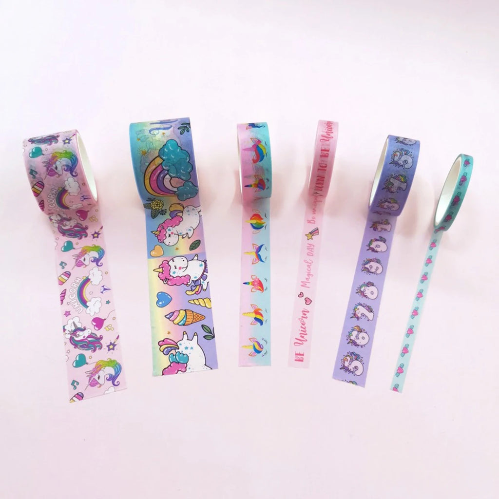 6-Volume Unicorn and Washi Tape Set, Cartoon Decorative Tape, for Journals and Planners, DIY Stationery, Handmade Gifts