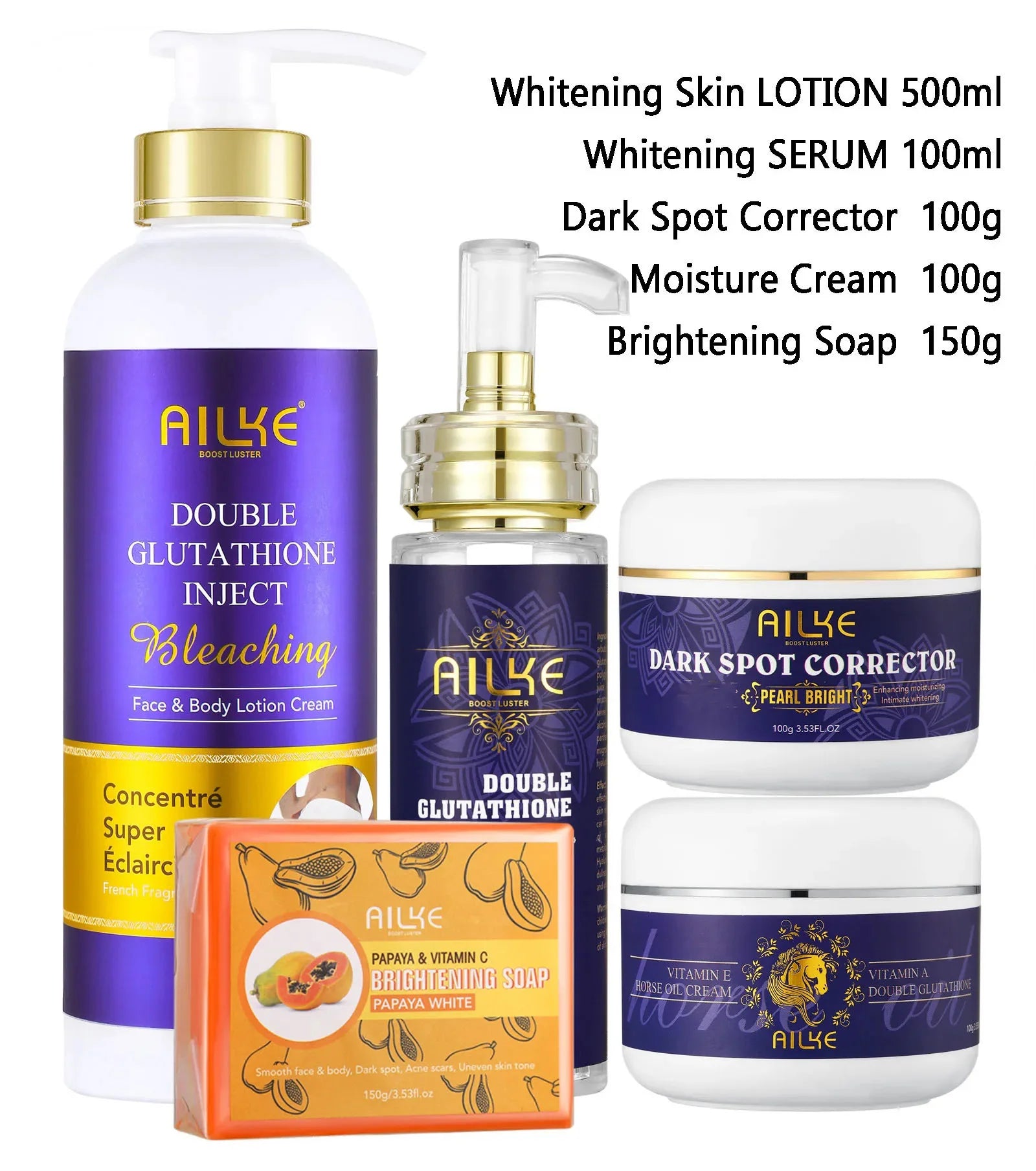 AILKE Double Glutathione Whitening Skin Care Set, Lightening, Remove Dark Spots, Skin Radiant, Moisturizing, Hydrating, Smooth