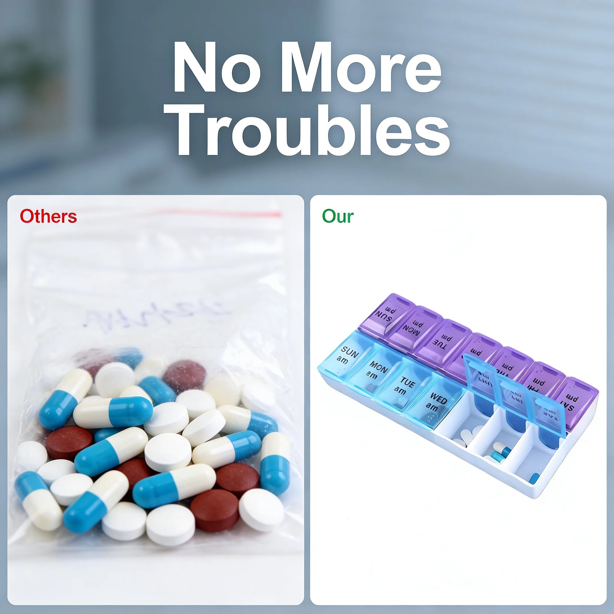 Daily Pill Reminder Box 7 Slots - Portable Sealed Moisture-Proof for Office Workers Travel Medication pillbox
