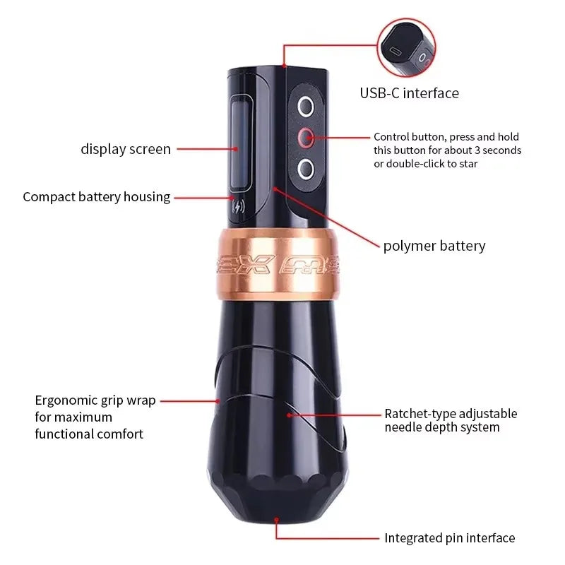 New Professional Tattoo Pen Max Wireless Tattoo Machine with 2Battery Permanent LCD Display Makeup Rotary Tattoo Pen