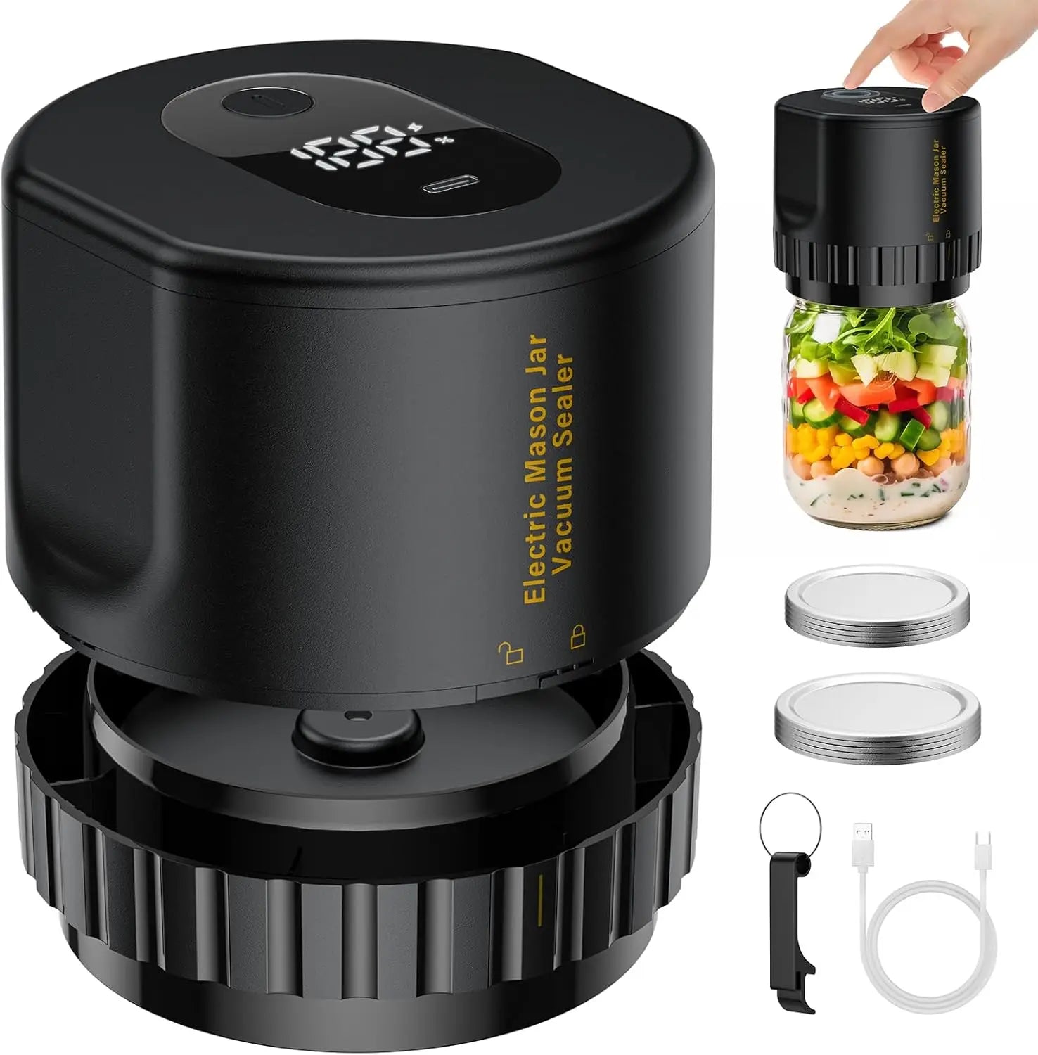 Electric Vacuum Sealer for Mason Jar - Jelife Vacuum Sealing Machine Kit for Wide Mouth & Regular Mouth Canning Jars with 10 Lids, 2000mAh Vacuum Sealer Food Saver Storage, Black