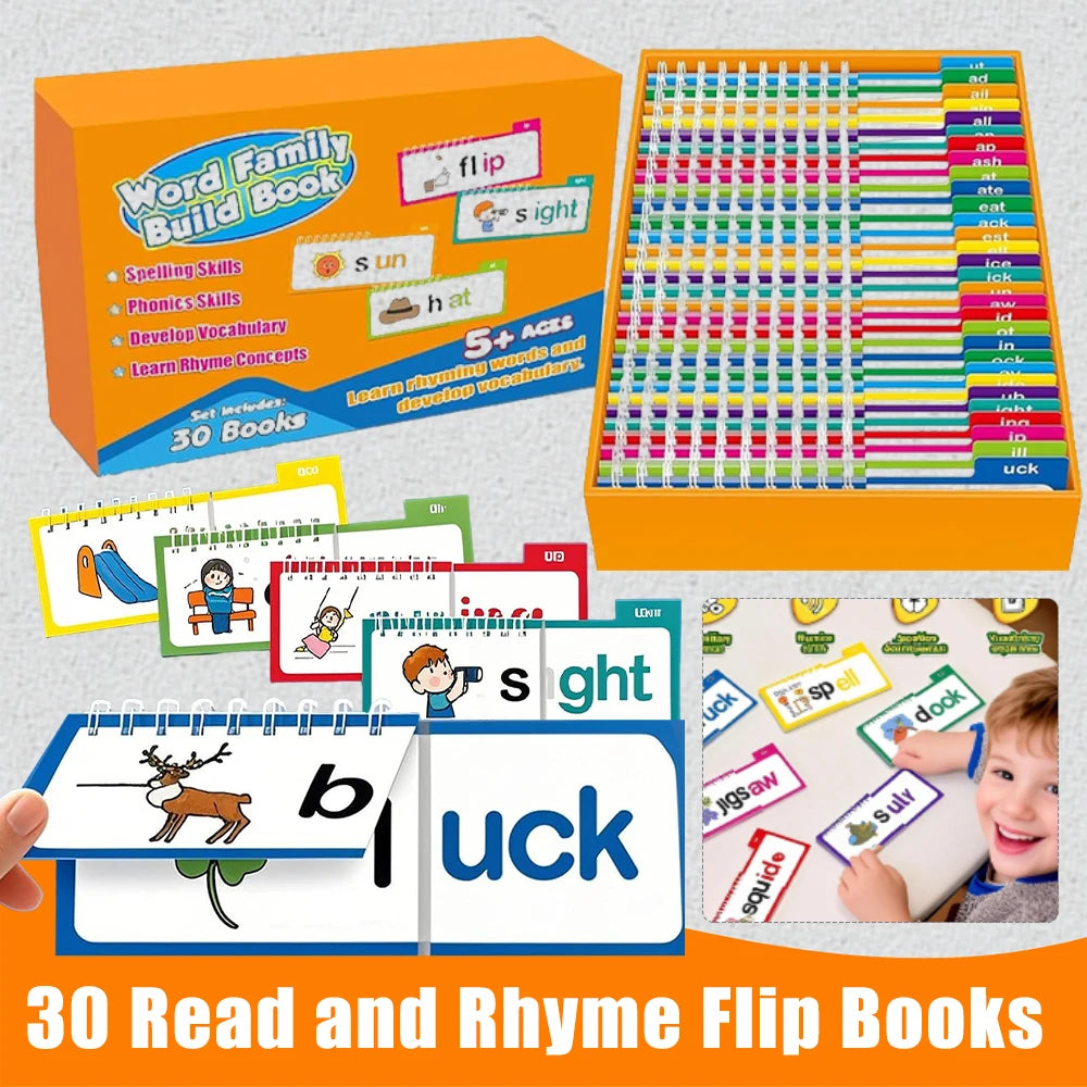 30 Read and Rhyme Flip Books Vocabulary Flash Cards Word Reading Flip Book Letter ABC Vocabulary Cards Educational Reading Game