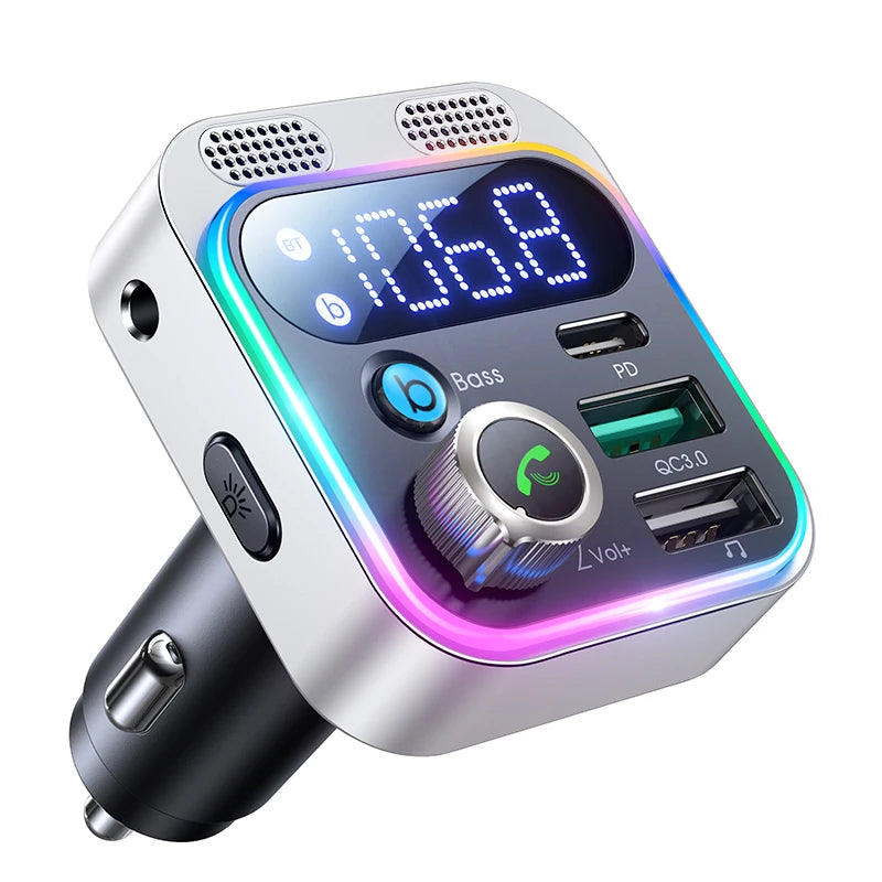2024 Bluetooth 5.3 FM Transmitter for Car, [Stronger Dual Mics Deep Bass Sound] , 48W PD&QC3.0 Car Charger Bluetooth Adapter