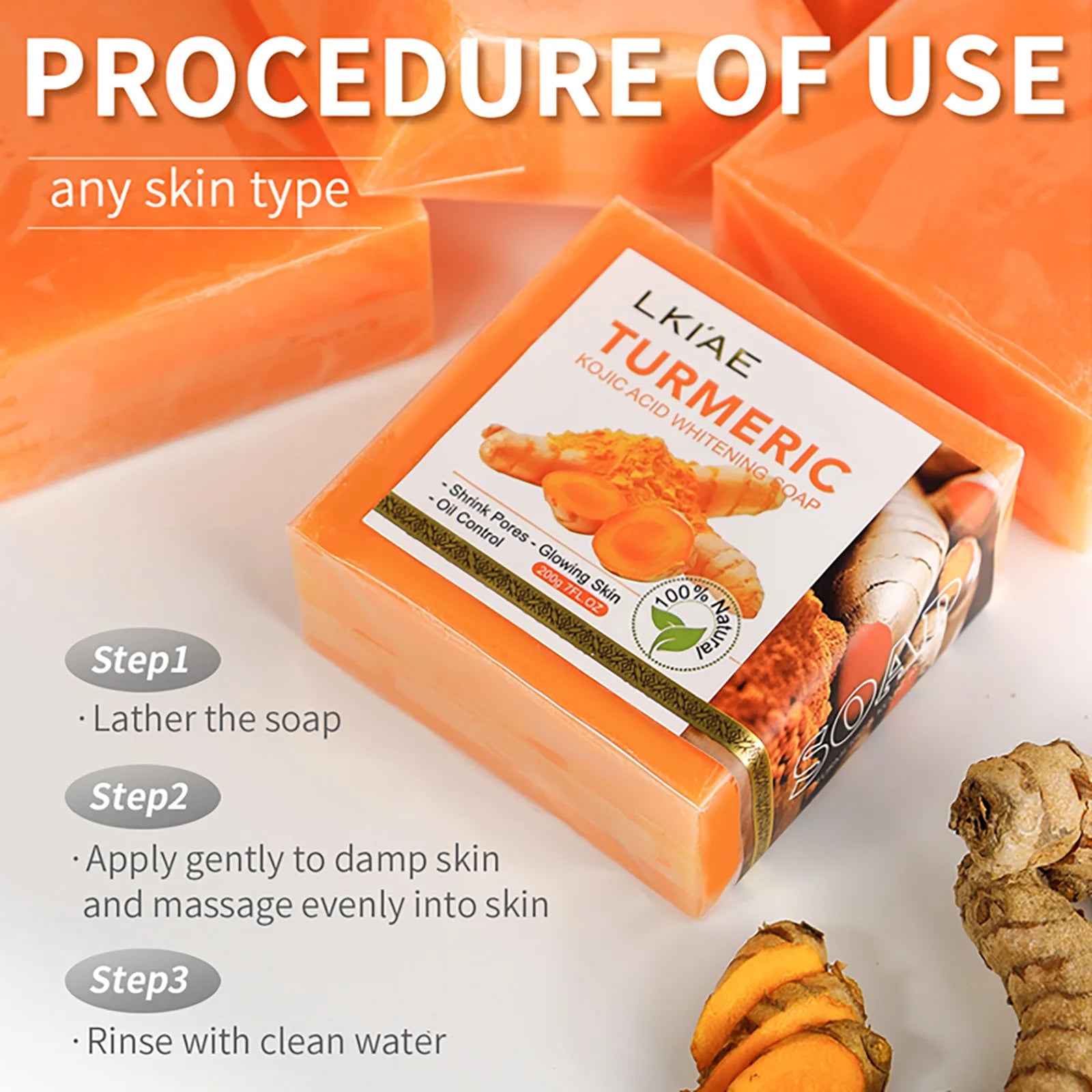 LKIAE Organic Turmeric Soap, Handmade, Whitening, for All Skin Types, Remove Black Spots, Melanin, Acne, For Face, Body, 200g