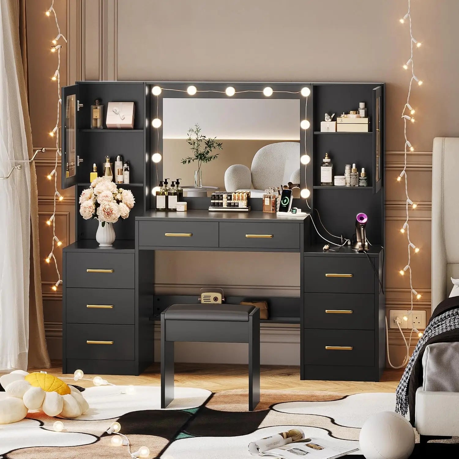 Black Vanity Desk with Mirror, Lights & Charging Station, 58.3" 3 Lighting Modes Makeup Desk with 8 Drawers, 2 Cabinets and Lots