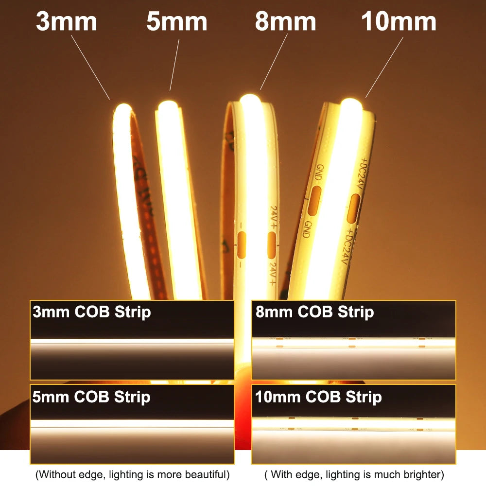 3mm 5mm 8mm COB LED Strip 12V 24V Dimmable Tape LED Ice Blue Yellow Red Green Pink White For Home Decor RA90 LED Strip Lighting