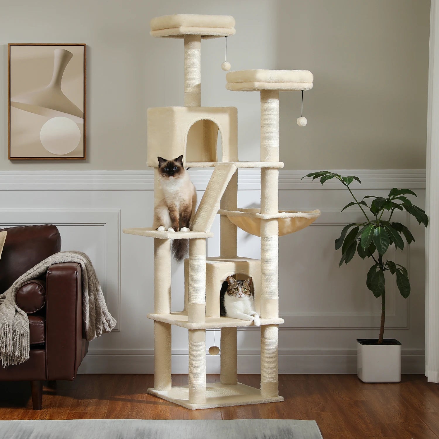 Sturdy Multi-Level Cat Tree Tower with Natural Sisal Scratching Posts,Cozy Hammock&Condo, Large Top Perch, and Fun Dangling Ball