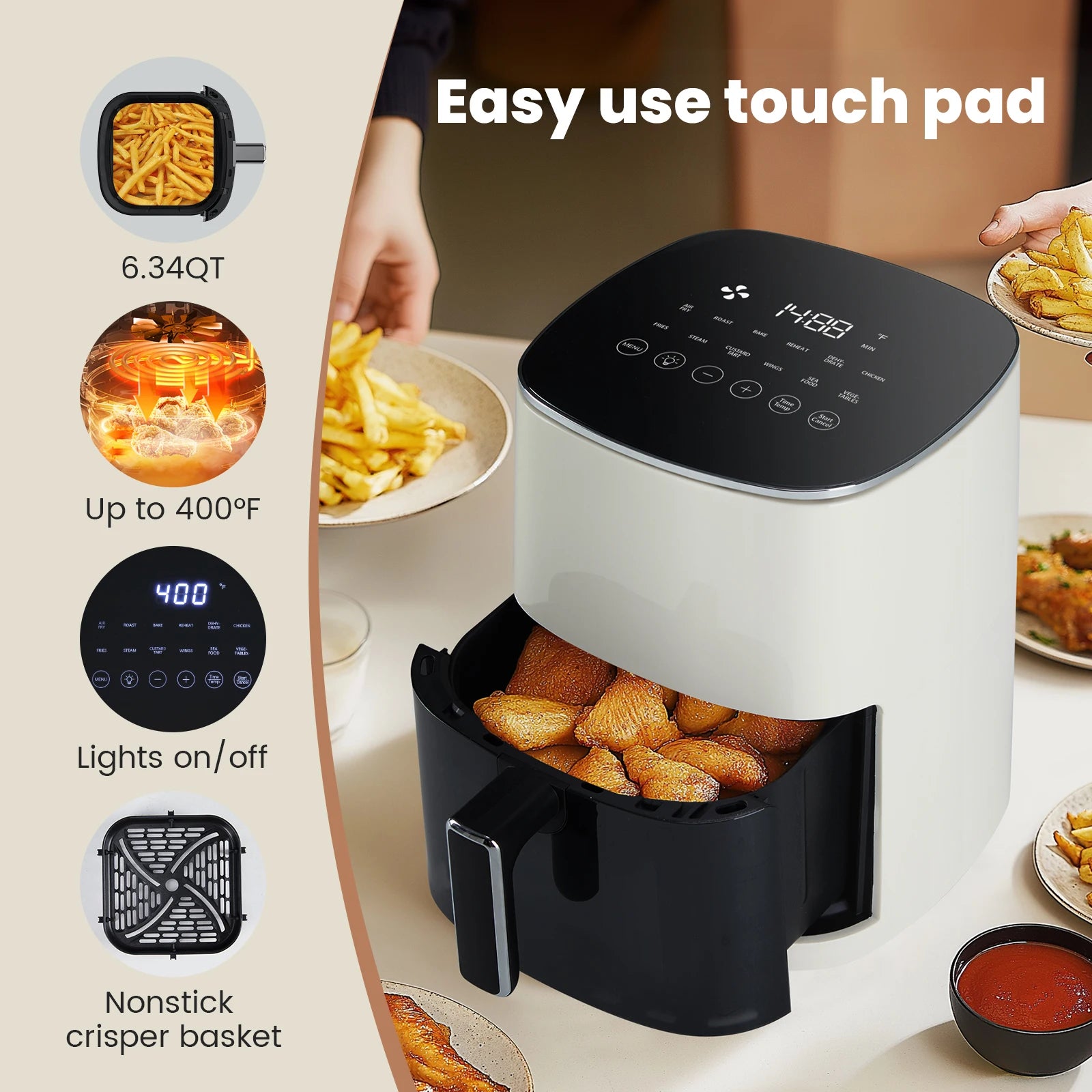 JHK 6 Quart Electric Air Fryer with Window Square Air Fryer 400F 12-in-1 Air Fry Roast Reheat Dehydrate Fries Custard Chicken Vegetabels and Keep Food Warm