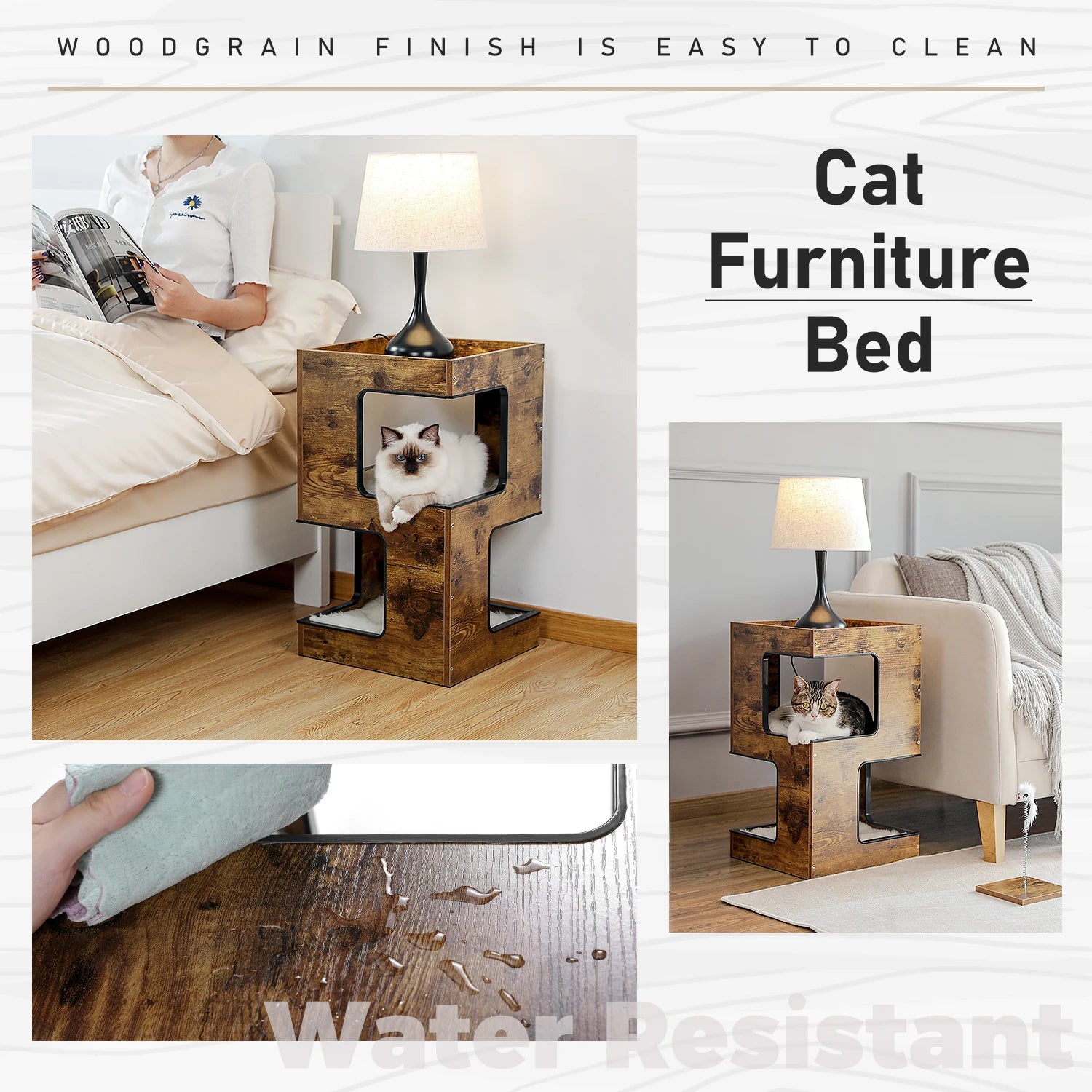 Wood Cat Condo House Bed with Removable Soft Mats Modern Cat Tree Tower with Scratching Pad Cat Scratcher Furniture Kitten Toys
