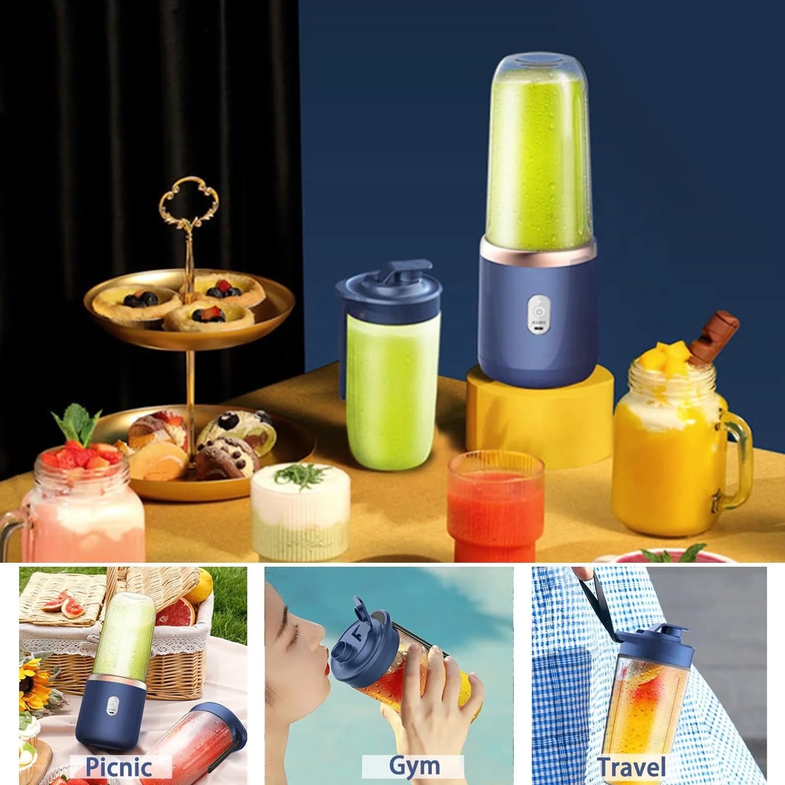 Personal Blender for Shakes and Smoothies Portable Fruit Juicer USB Rechargeable（Blue）