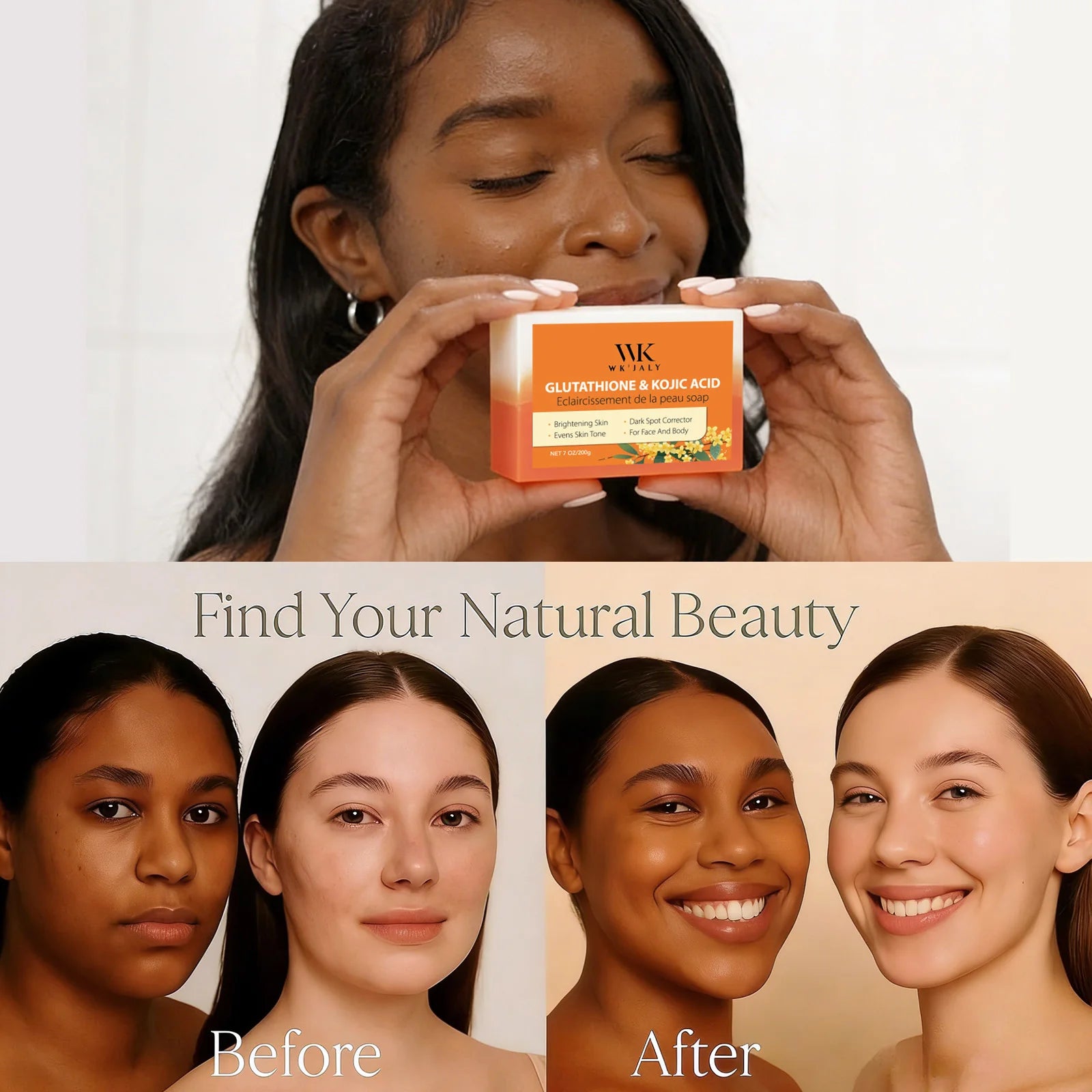 WK JALY Glutathione & Kojic Acid Brightening Soap, Clean Skin, Moisturizing, Reduce Black Spots, For All Skin Types, 200g