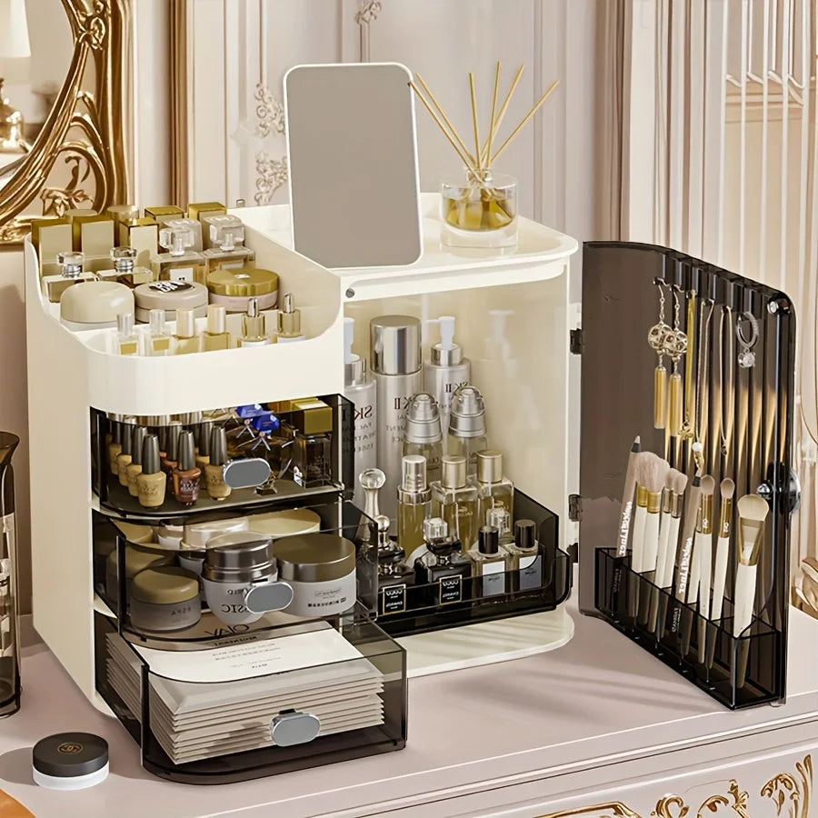 Beige Cosmetic Storage Box with 3 Drawers and Mirror High Capacity Makeup Organizer for Home and Bathroom